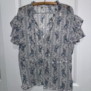 Blu Pepper Blue Floral Ruffle Tie-Front Blouse